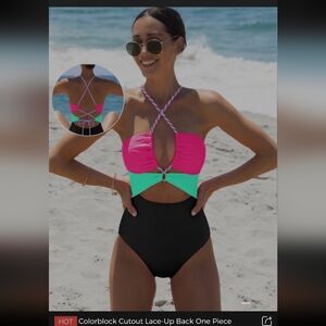 Colorblock Cutout Lace-Up One Piece Swimsuit - Pink/Green/Black